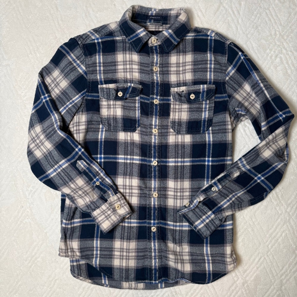 Grunge Workwear American Eagle No 77 Mens M Blue Plaid Flannel Shirt